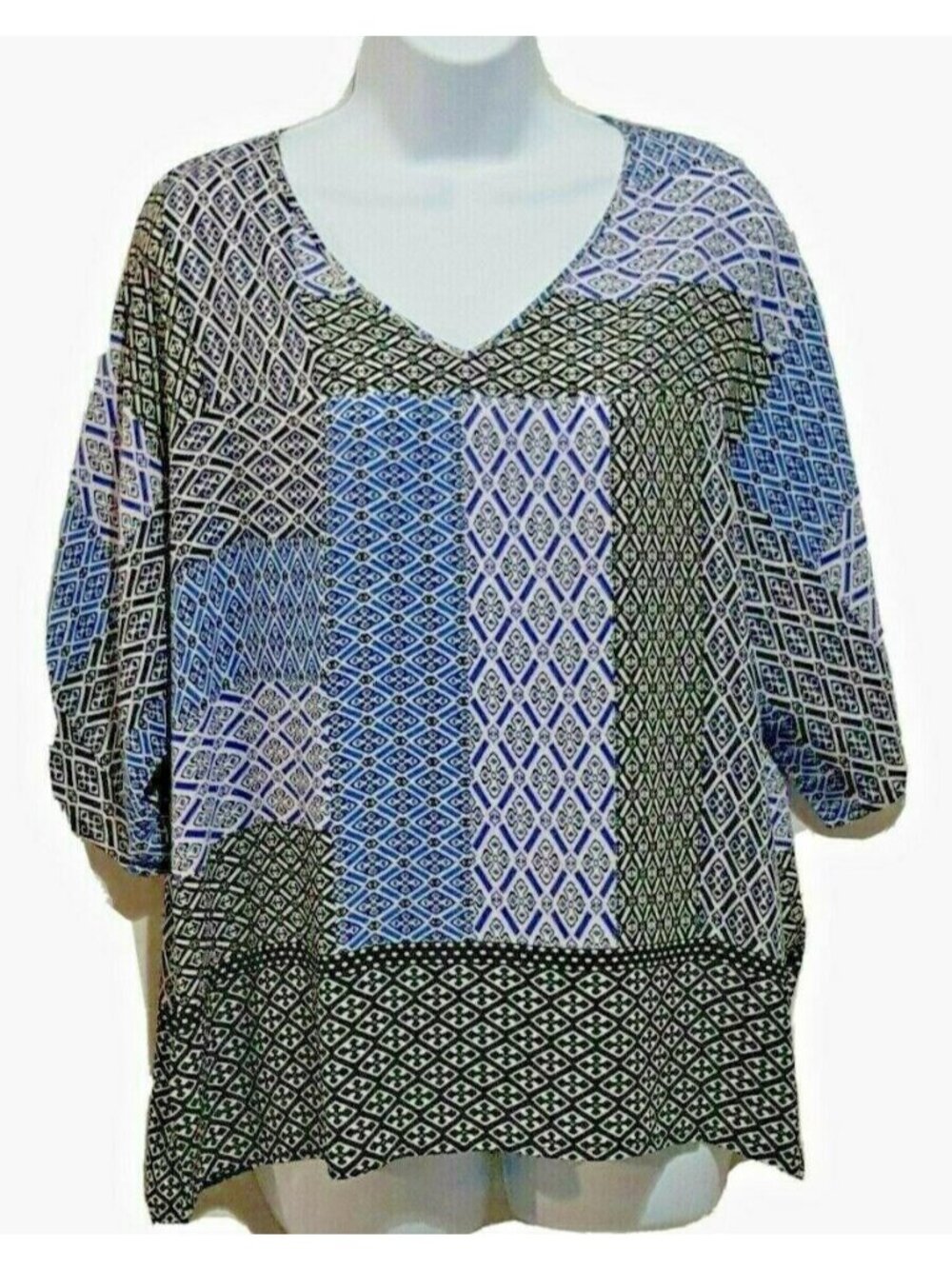 Chico's Size 1 US Small 8-10 Women's Blouse Short Sleeve Blue Lightweight Festiv